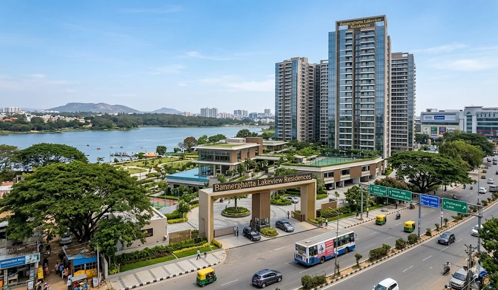 Exterior view of a luxury high-rise apartment complex on Bannerghatta Road featuring modern architecture, premium amenities, and landscaped gardens.